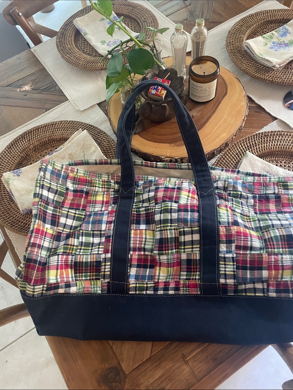 J Crew Patchwork Madras Plaid Multicolor Large Tote Carryall Bag